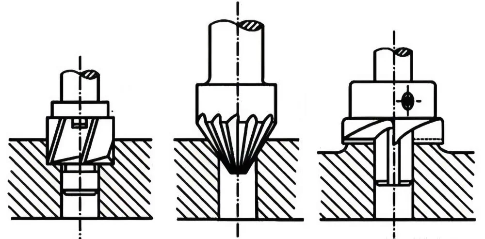 hole machining comparison counterbore (left), countersink (middle), spotface (right)