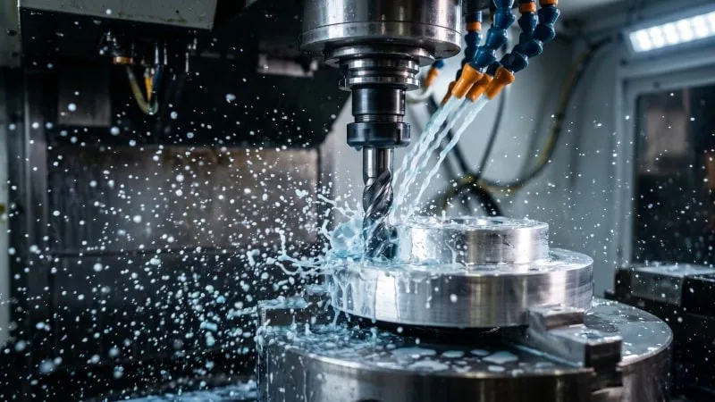 high pressure coolant spraying on cnc lathe