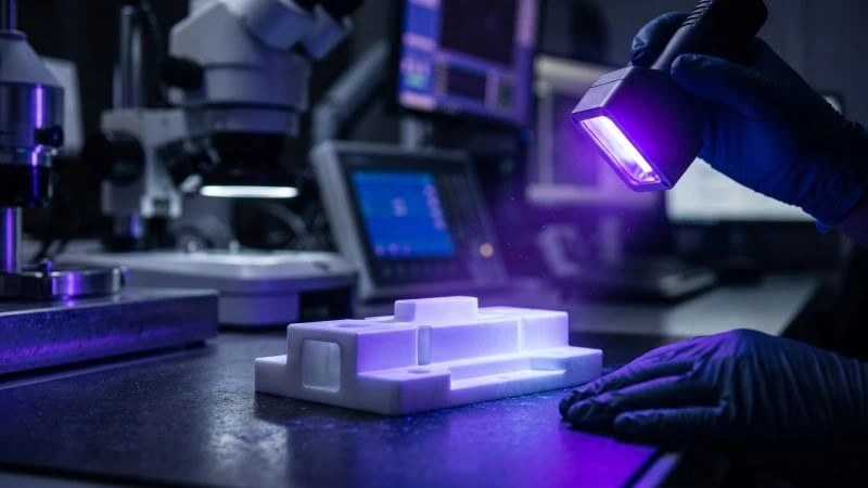 uv light inspection for ceramic machining defects and micro cracks